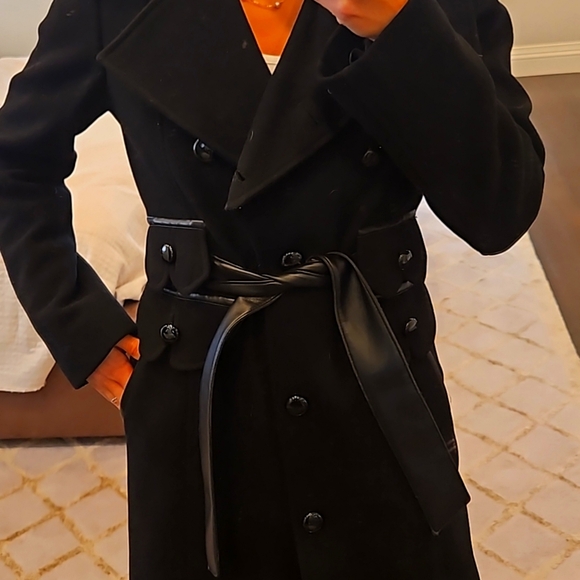 WOMEN'S PHARD COCKTAIL LONG WOOL ANS LEATHER DRESS COAT JACKET SZ SMALL $250 - Picture 2 of 6